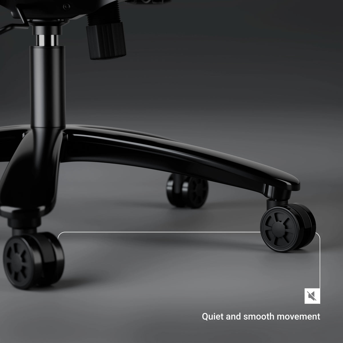 [Black] Detailed close-up view of the smooth rolling caster wheels and base designed for quiet and smooth movement.
