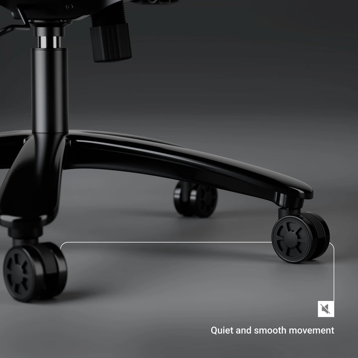 [Black] Detailed close-up view of the smooth rolling caster wheels and base designed for quiet and smooth movement.