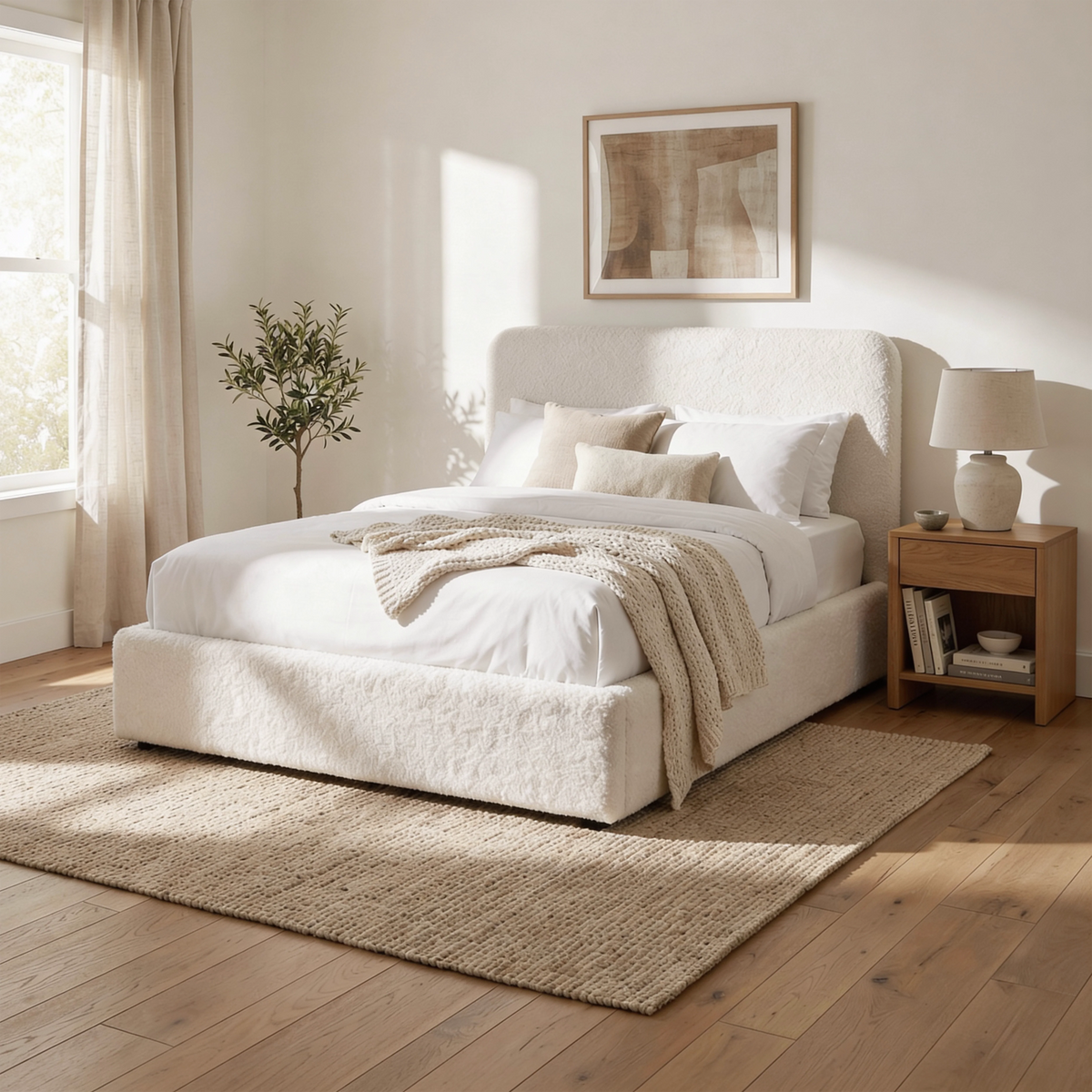 [White | Double] Double boucle ottoman bed angled in room setting, white boucle frame on oak floor.