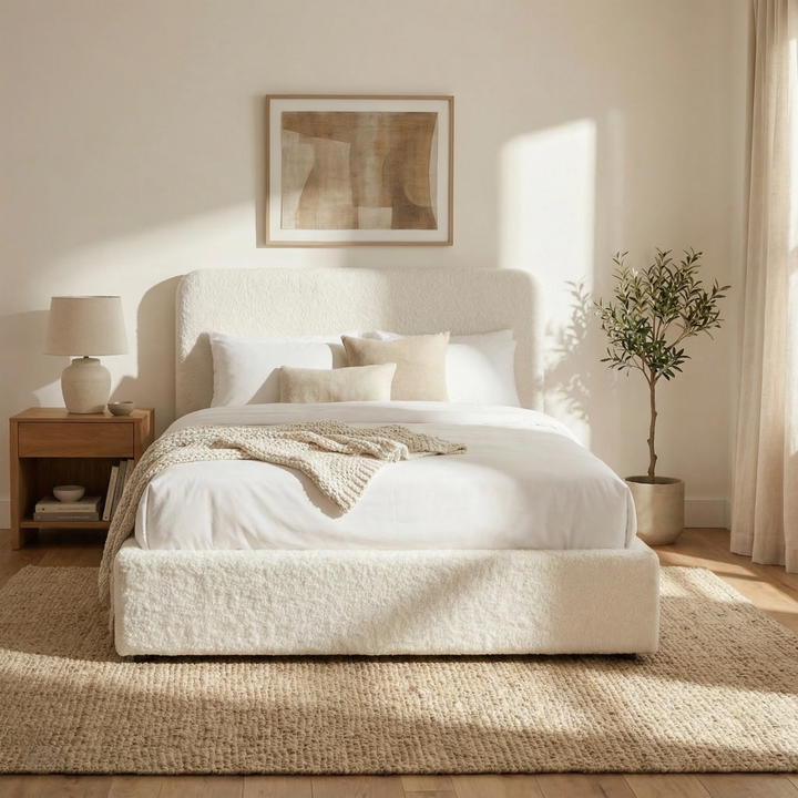 [White | Double] Sofna boucle ottoman bed front view with puffed headboard and white bedding.