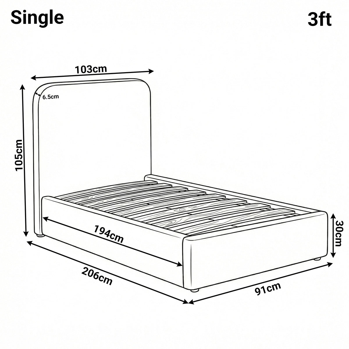 [White | Single] Sofna boucle ottoman bed single dimensions: 103cm wide, 206cm long, 105cm headboard, 30cm base depth
