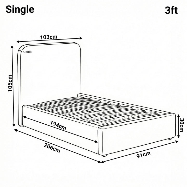 [White | Single] Sofna boucle ottoman bed single dimensions: 103cm wide, 206cm long, 105cm headboard, 30cm base depth