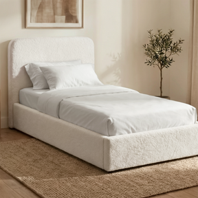 [White | Single] Sofna boucle ottoman bed with curved puffed headboard, 103cm wide single frame dressed in white linens