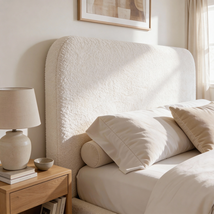 [White | Small Double] Headboard detail of small double Sofna bed with gentle curve and ceramic lamp on adjacent nightstand