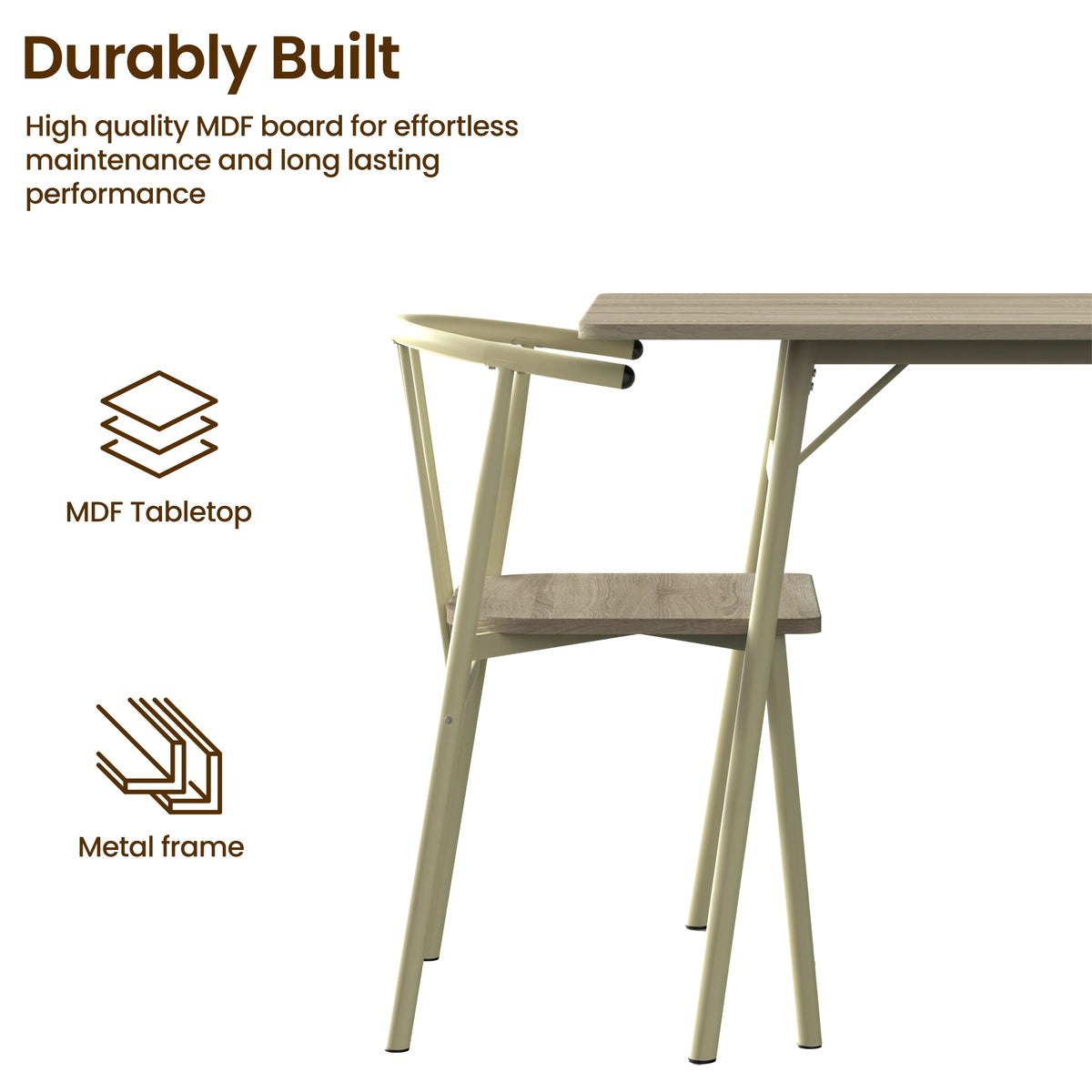[Sonoma Oak] Torvi dining set close-up showing cream metal frame chair alongside table leg joint, with MDF tabletop and metal frame construction callouts