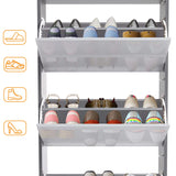 [Dark Grey & Sliver Grey] Open thin shoe cabinet with three doors, storing Crocs, boots, slippers, and wellies.