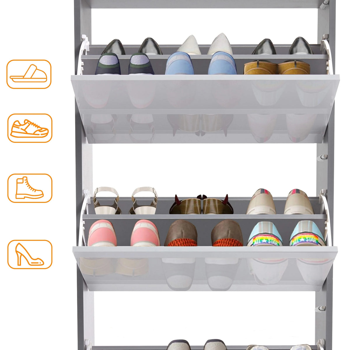 [Dark Grey & Sliver Grey] Open thin shoe cabinet with three doors, storing Crocs, boots, slippers, and wellies.