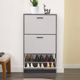 [Dark Grey & Silver Grey] Front view of grey and white tall slim shoe cabinet with flip drawer open. Compact shoe organizer for hallway or bedroom use.
