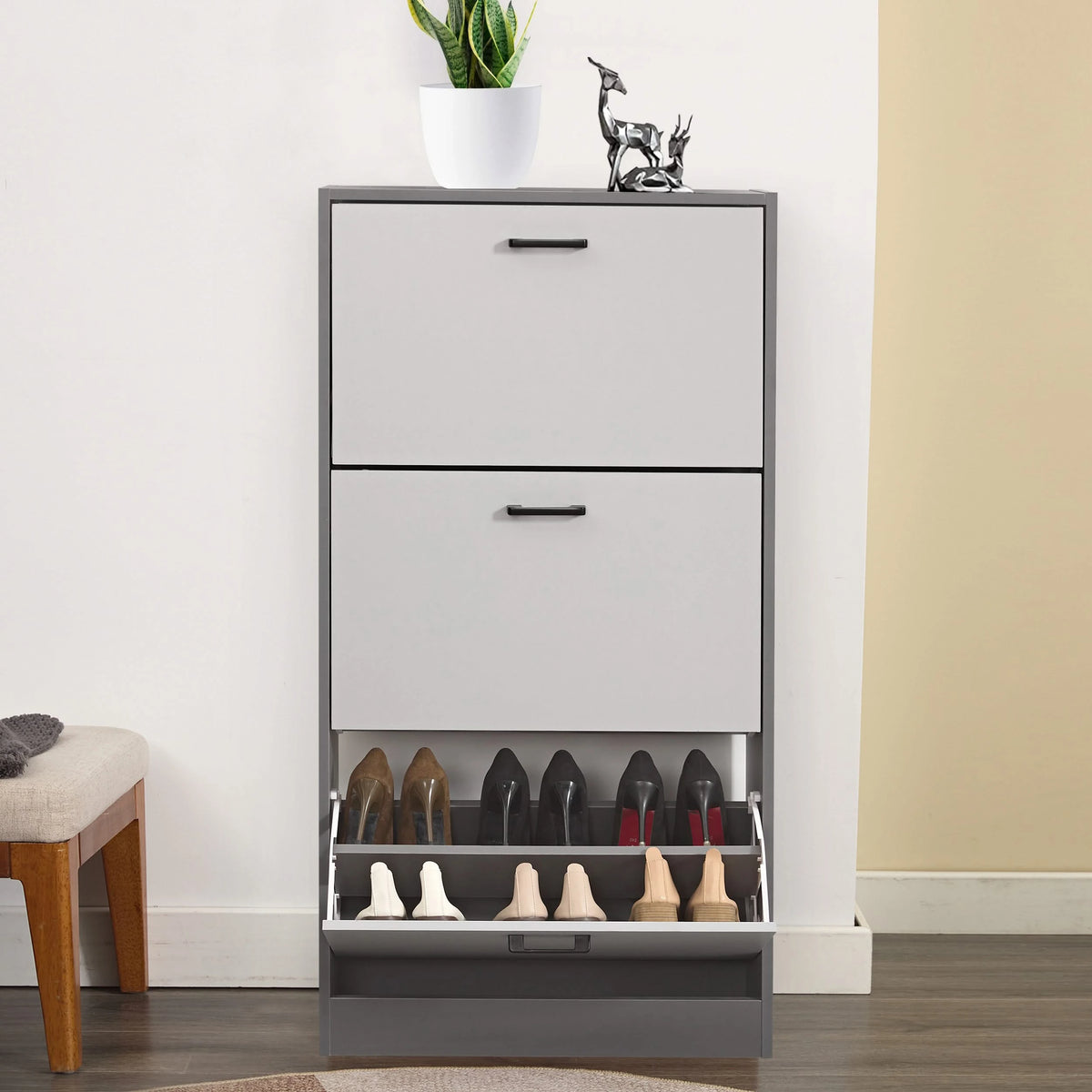 [Dark Grey & Silver Grey] Front view of grey and white tall slim shoe cabinet with flip drawer open. Compact shoe organizer for hallway or bedroom use.