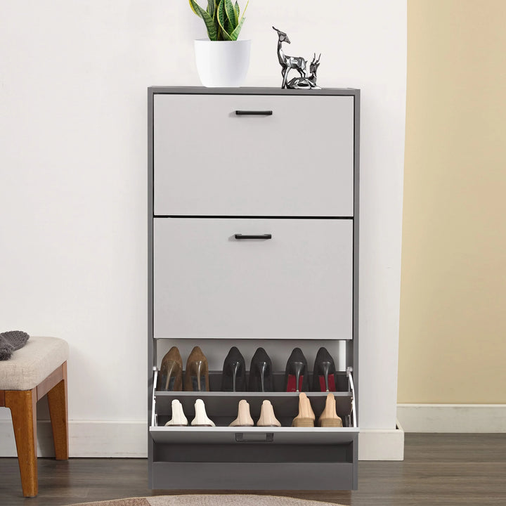 [Dark Grey & Silver Grey] Front view of grey and white tall slim shoe cabinet with flip drawer open. Compact shoe organizer for hallway or bedroom use.