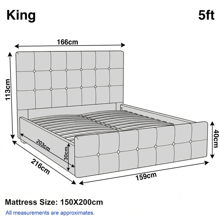 [King | Dark Grey] Dimension diagram for king 5ft bed showing 166cm width 216cm length and 113cm headboard height