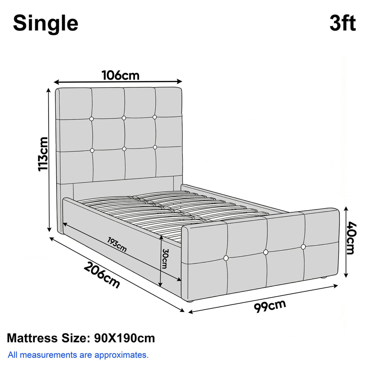[Single | Dark Grey] Dimension diagram for single 3ft bed showing 106cm width 206cm length and 113cm headboard height