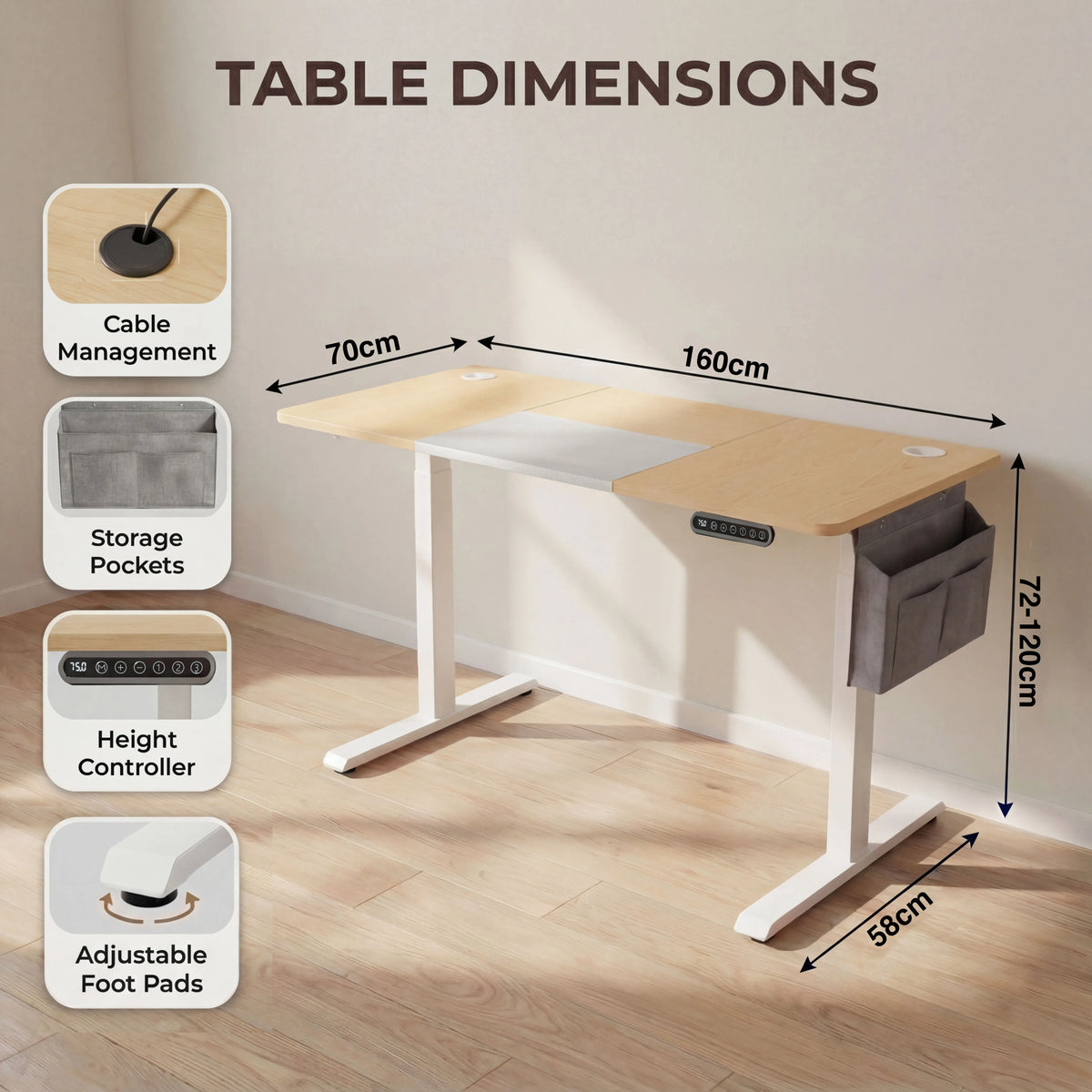 [160cm x 70cm] dimensions diagram pine standing desk 160cm width, 70cm depth, 72 to 120cm height adjustment range
