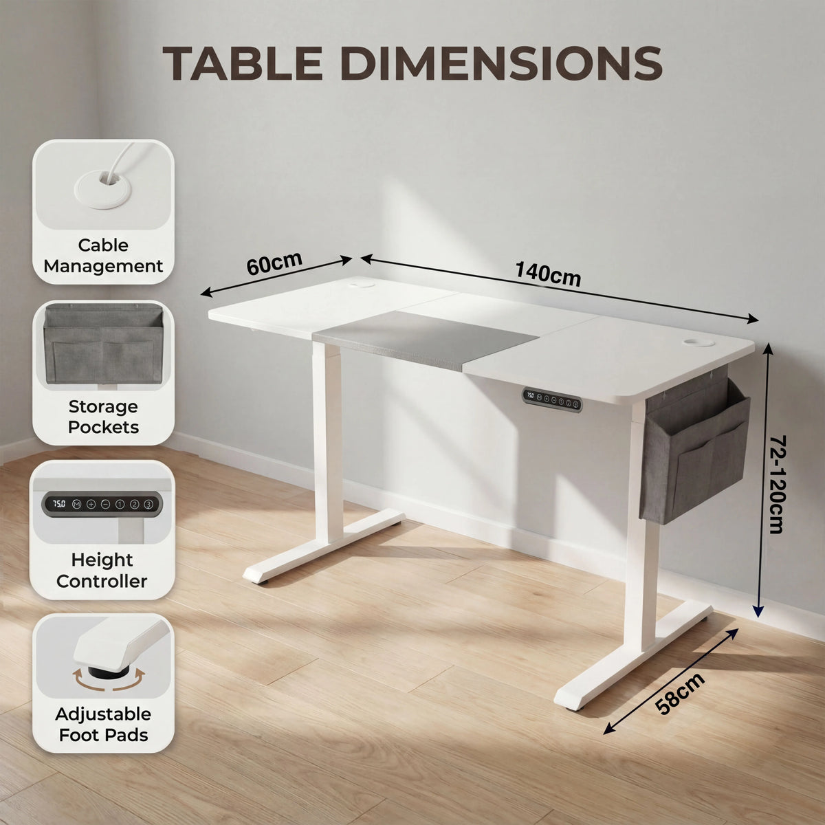[140cm x 60cm] Dimensions diagram of 140x60cm white electric standing desk: 140cm wide, 60cm deep, height 72-120cm