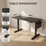 [140cm x 60cm] schematic of 140cm x 60cm black desk with 72-120cm range, foot pads and storage pocket on left leg