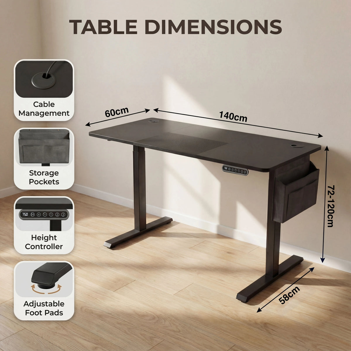 [140cm x 60cm] schematic of 140cm x 60cm black desk with 72-120cm range, foot pads and storage pocket on left leg