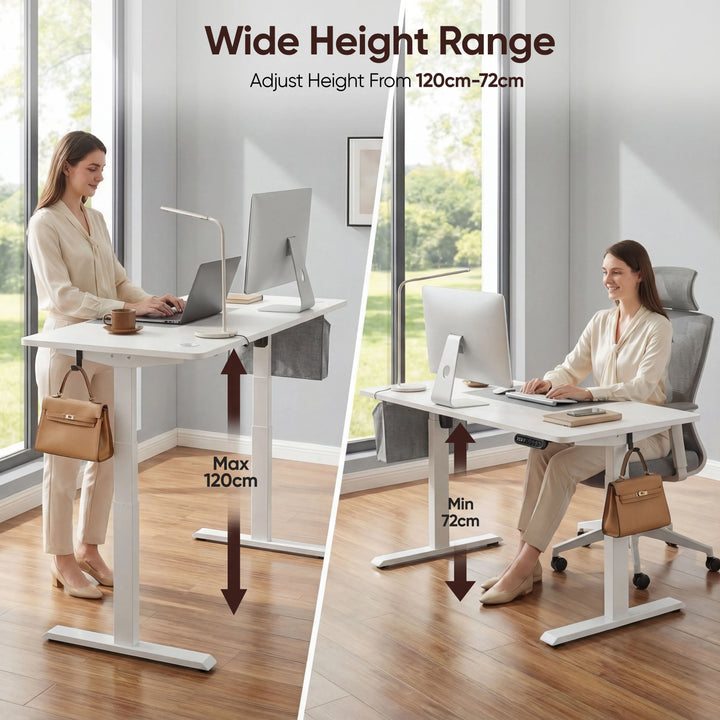 [160cm x 70cm] Height demo of 160x70cm white electric standing desk at 120cm standing max and 72cm seated min