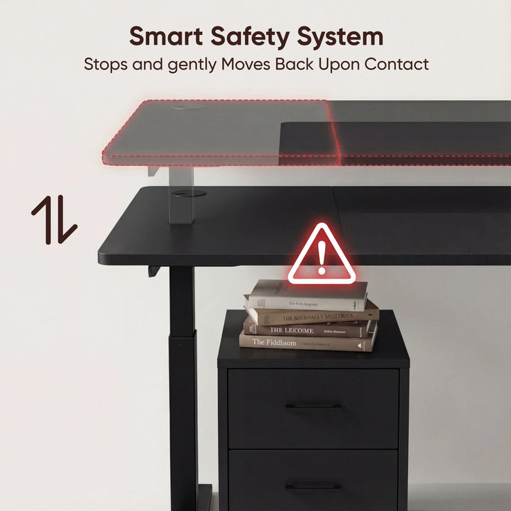 [140cm x 60cm] safety sensor: 140cm wide black desk descending top contacts books and reverses, red alert icon