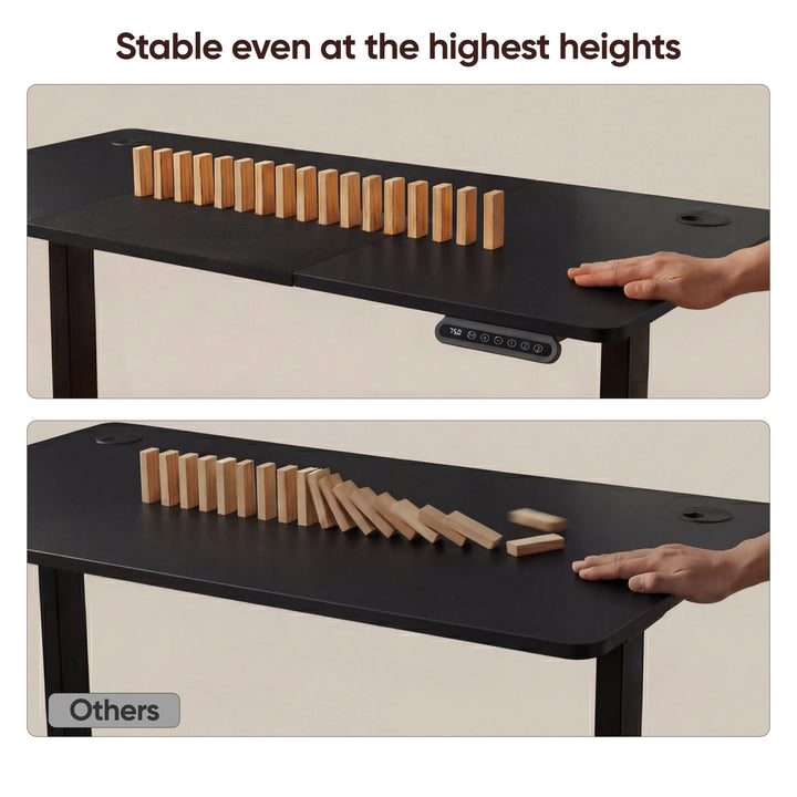 [160cm x 70cm] comparison shot of dominoes standing on 160cm wide black desk versus dominoes toppling on other desk