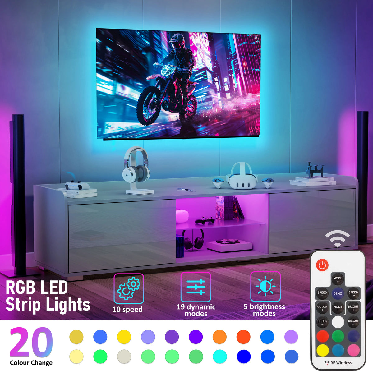 [Grey] grey TV unit RGB LED strip lights infographic showing remote control and 20 colour swatches