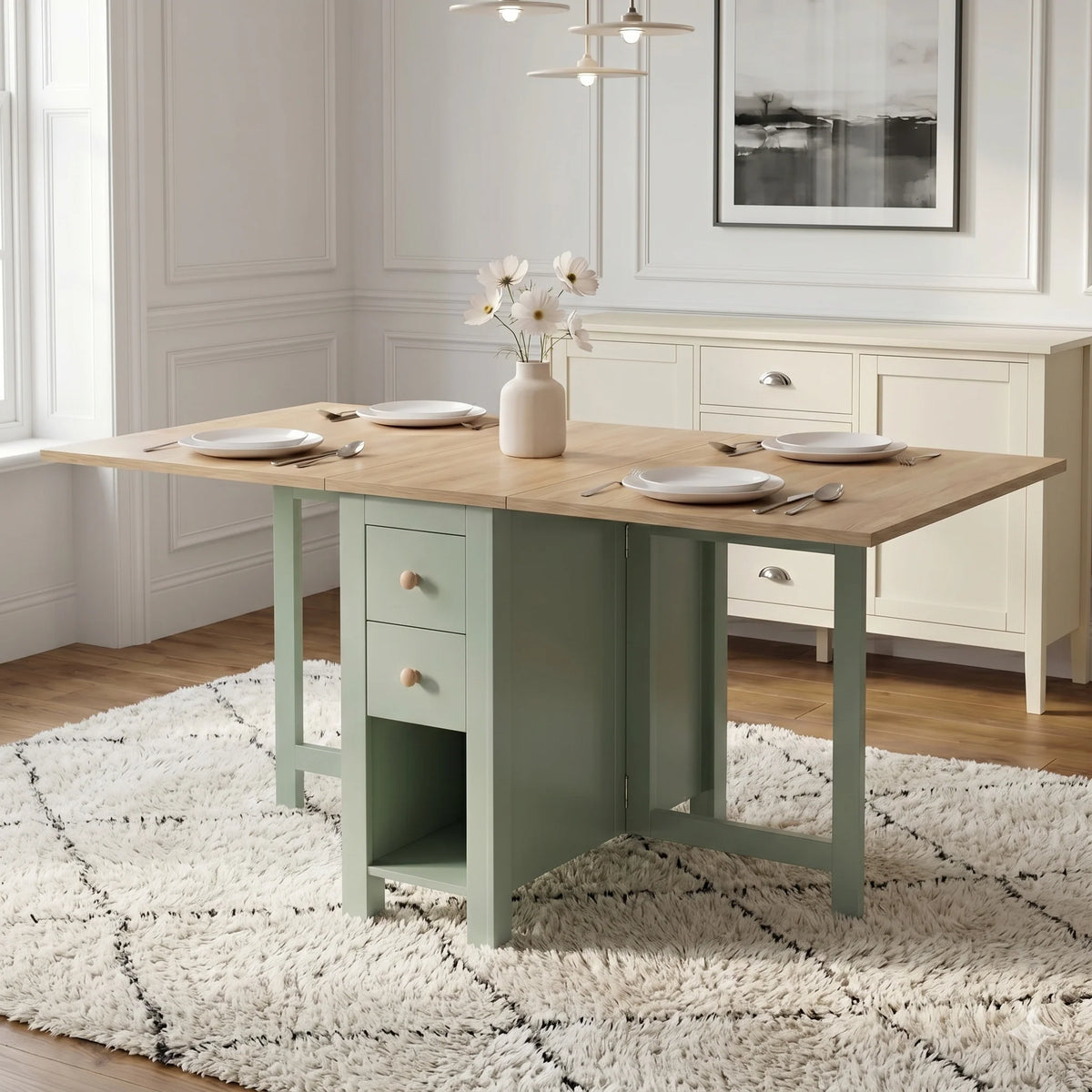 [150cm | Green] Stovra Drop Leaf Dining Table with Storage 150cm fully extended into a four-person setup with white plates, a central flower vase, and drawers 