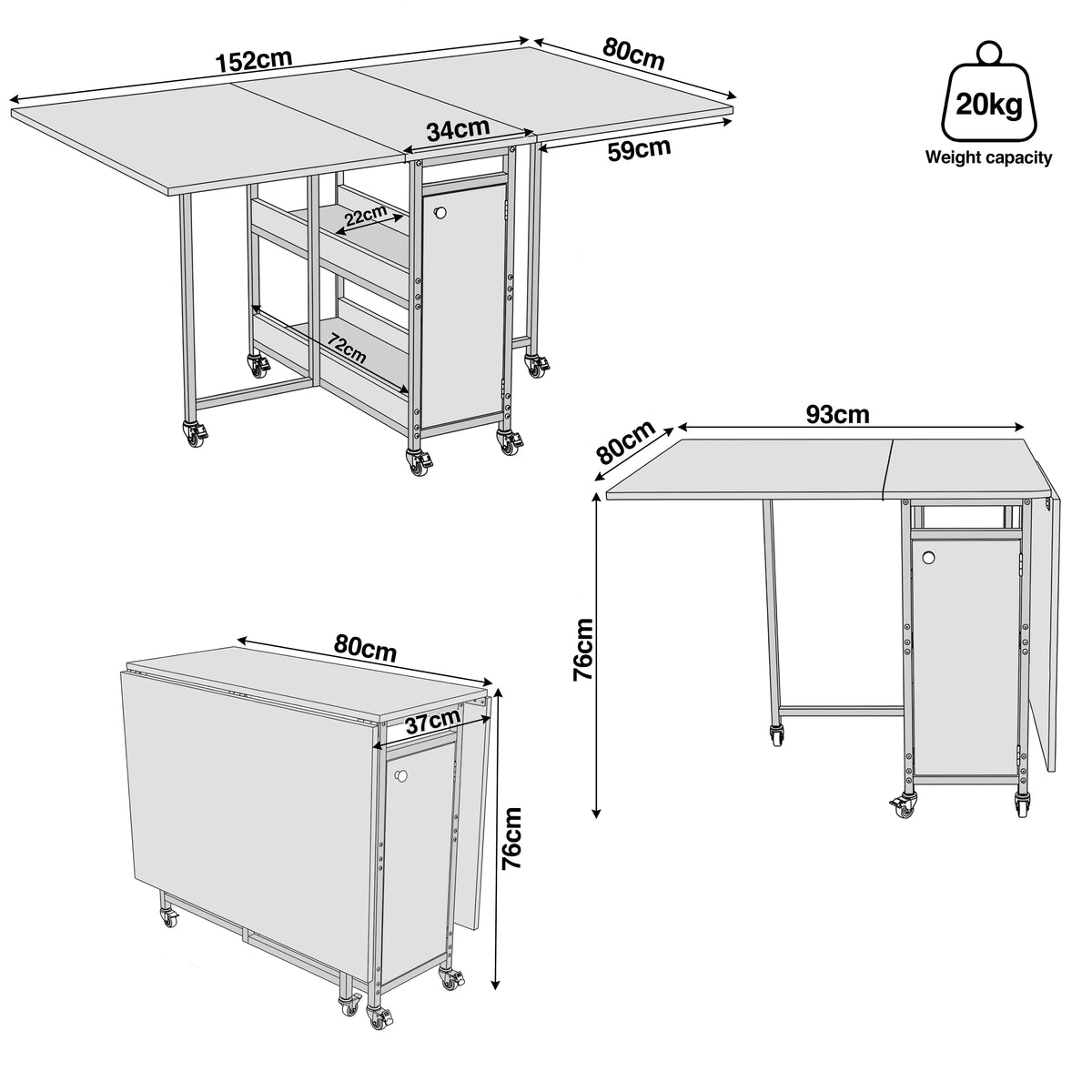 [Wooden Grey] Kitchen & Dining Furniture Sets dimension diagram showing 152cm width, 80cm depth, 76cm height