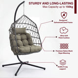 [Grey] Feature diagram of grey egg chair listing steel frame, cushion, rope weave and stable 4-leg base