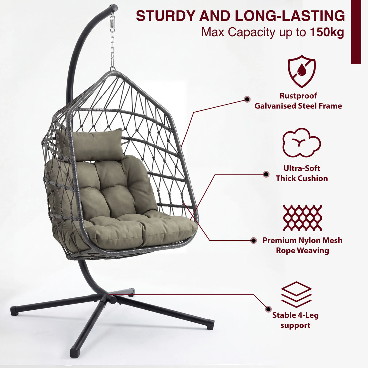 [Grey] Feature diagram of grey egg chair listing steel frame, cushion, rope weave and stable 4-leg base
