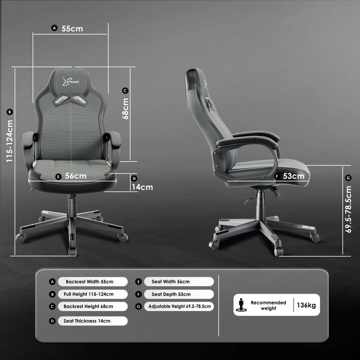 [Grey] Xstriker Kids Gaming Chair in grey fabric with padded arms, adjustable height, and ergonomic backrest. Ideal small desk chair for home office or study.
