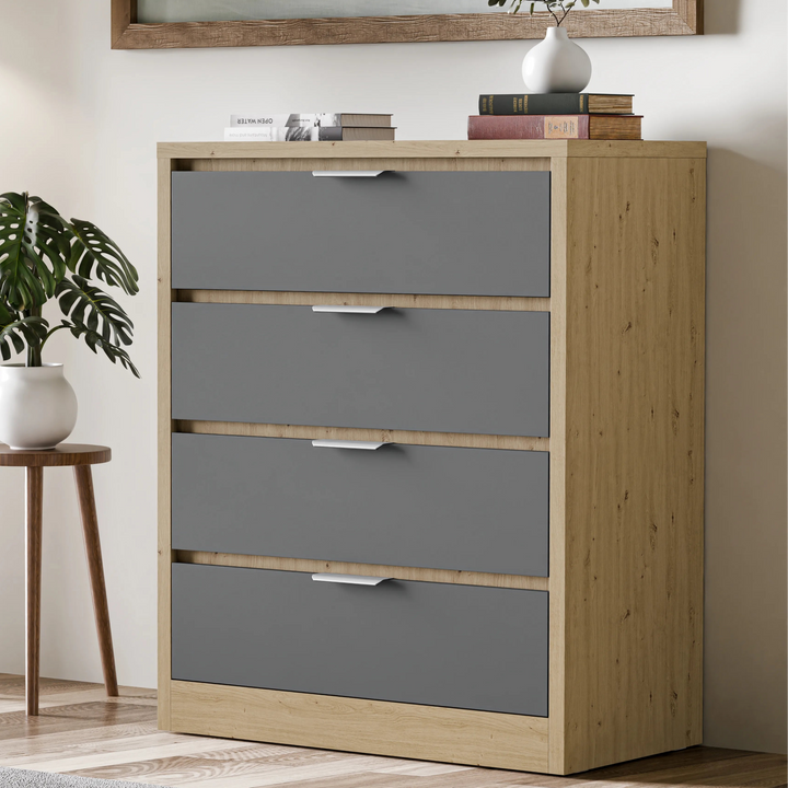 [Oak+Grey] Skova 4 drawer chest of drawers with oak frame and four white drawer fronts, books and vase on top