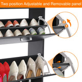[Black] Narrow shoe storage in matte black with pull-down drawers open, showing separators adjusted for tall shoes.