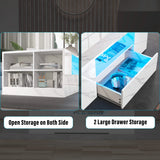 [White Marble] White Marble Coffee Table with LED Lights feature shot of open side shelves and large drawer