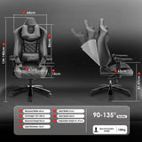 [Black + Grey] Gaming chair with dimensions and features displayed on a dark background