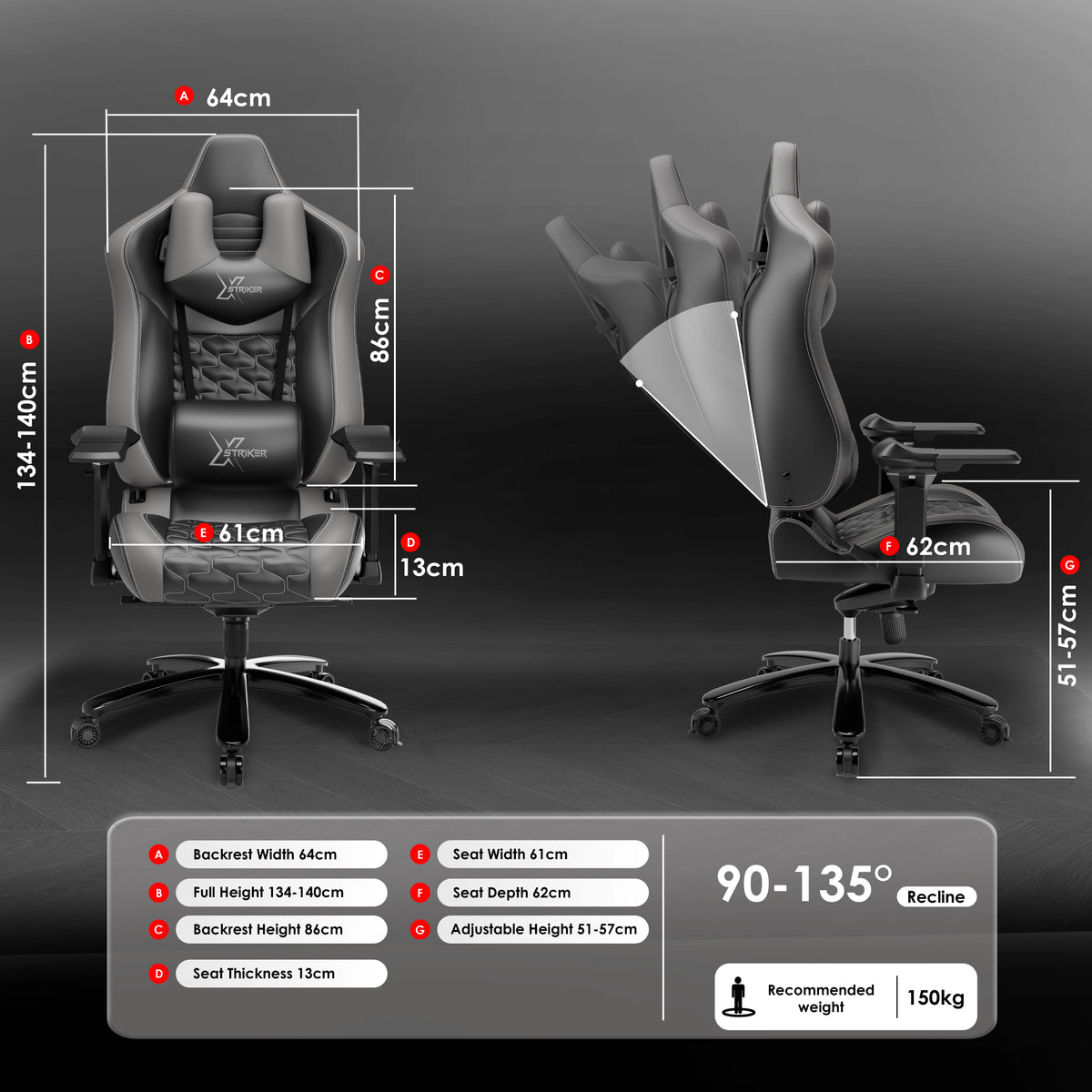 [Black + Grey] Gaming chair with dimensions and features displayed on a dark background