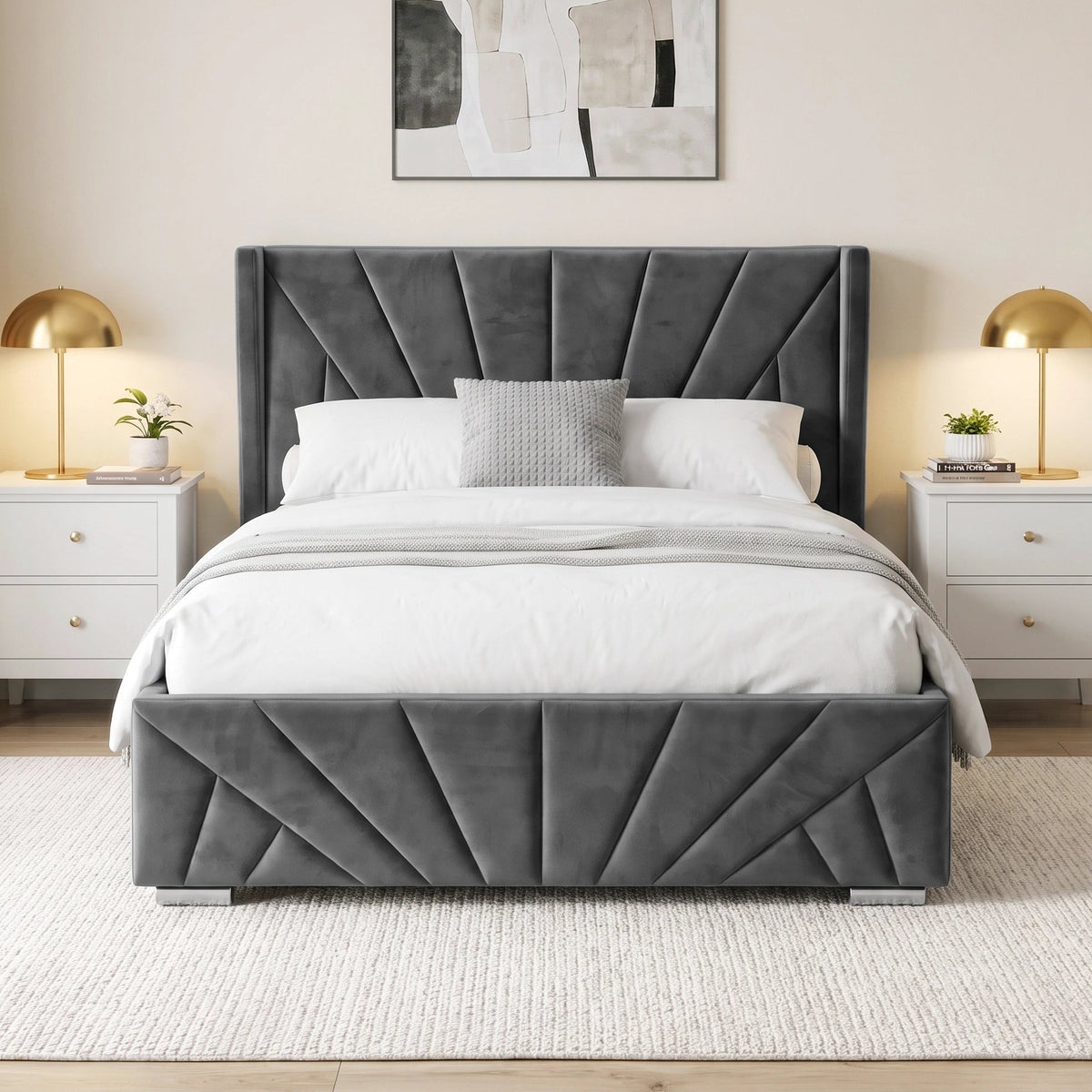 [Double | Dark Grey] upholstered bed frame with a tufted headboard and matching footboard, shown in a styled bedroom setting with white bedding