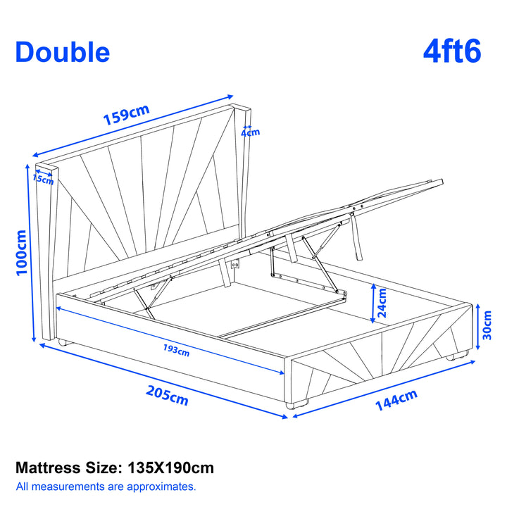 [Double | Dark Grey] Dimension diagram for double 4ft6 sunrise bed showing 159cm width 205cm length and 100cm headboard height