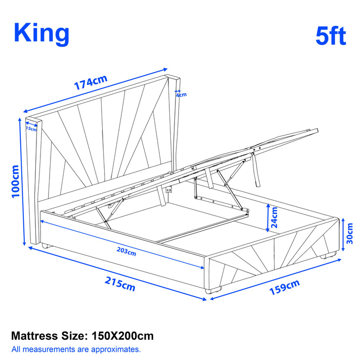 [King | Beige] Dimension diagram for king 5ft sunrise bed showing 174cm width 215cm length and 100cm headboard height