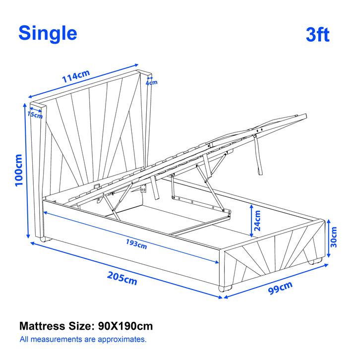 [Single | Beige] Dimension diagram for single 3ft sunrise bed showing 114cm width 205cm length and 100cm headboard height