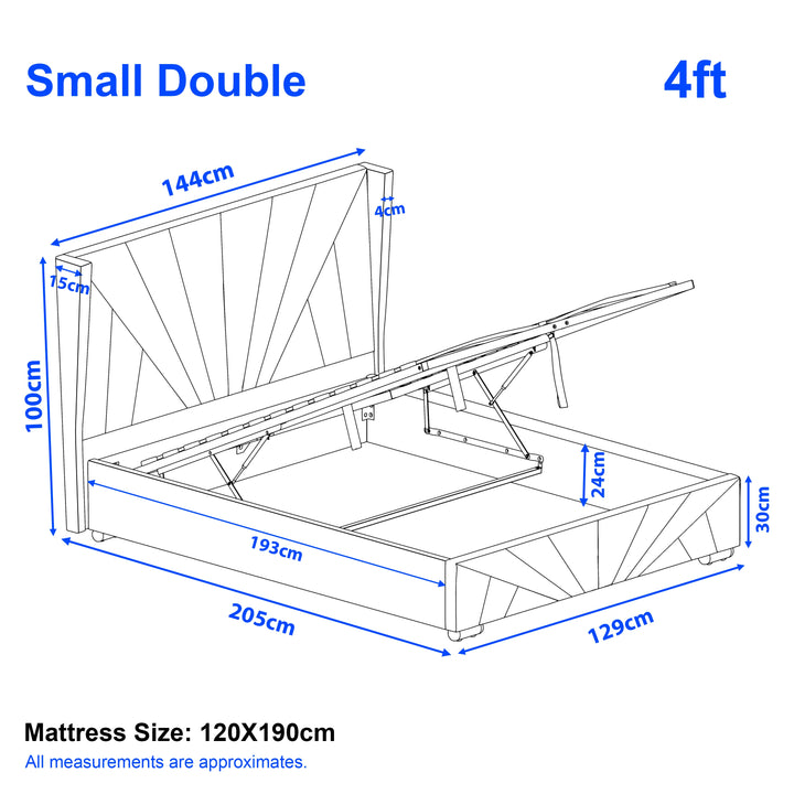 [Small Double | Dark Grey] measurement diagram of small double 4ft sunrise ottoman bed 144x205cm with 30cm base and 24cm