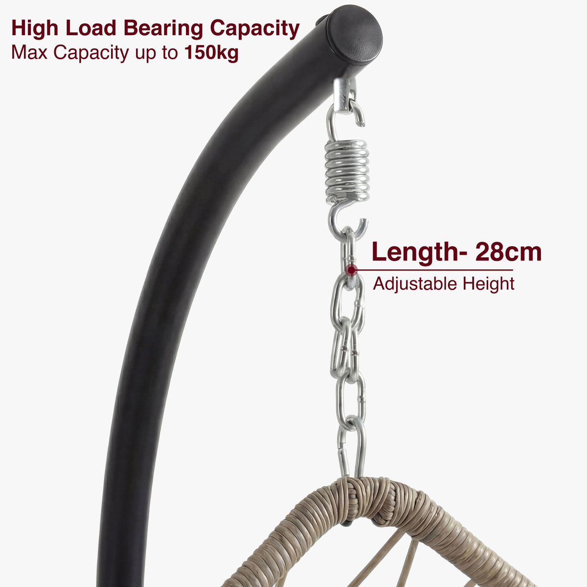 [Natural] Close-up of black egg chair stand top with spring and 28cm adjustable chain above natural rattan