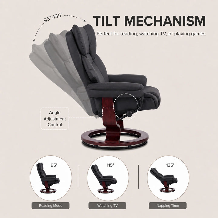 [Black - PU Leather] A recliner chair with footstool and a large callout of tilt mechanism with angle adjustment control at 95°, 115°, and 135° angles 