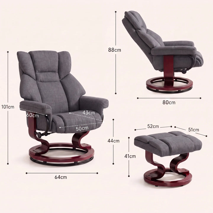 [Grey - Linen] upholstered recliner chair with matching footstool shown from multiple angles with measurements including 88cm, 80cm, 64cm, 52cm, 51cm, 44cm, and 41cm.