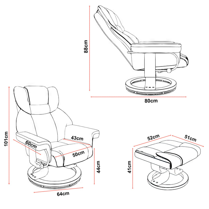 Swivel Recliner Chair With Footstool in black leather with ergonomic design, padded armrests, and matching footrest. Dimensions labeled for comfort fit.
