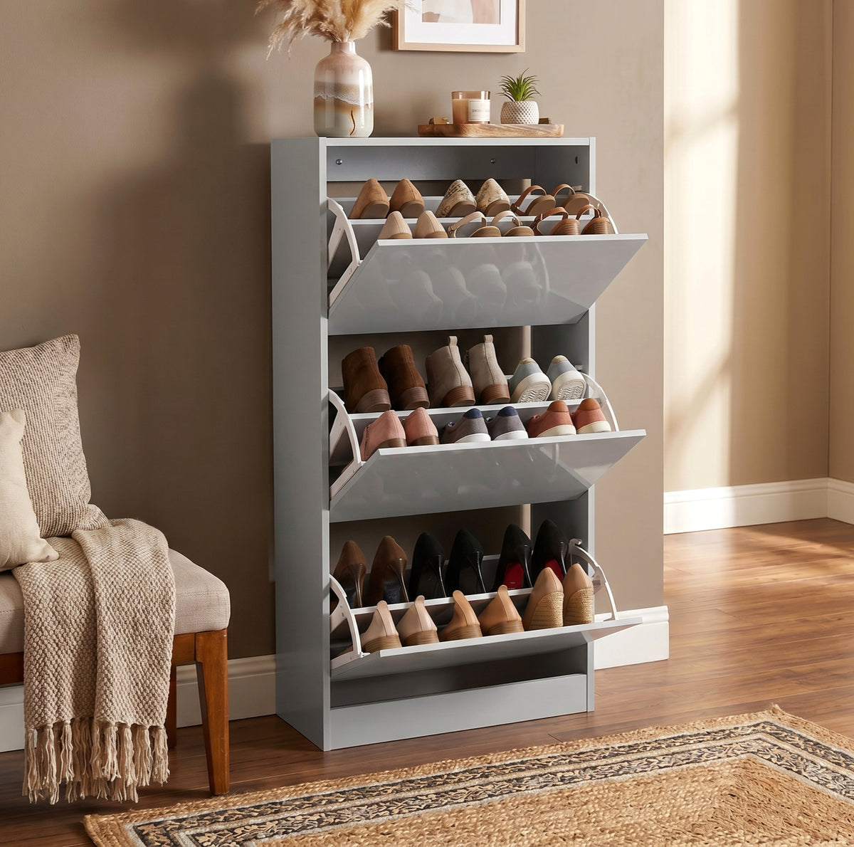 [Silver Grey] High Gloss 3 Door Shoe Cabinet front view with the lower compartment tilted open.