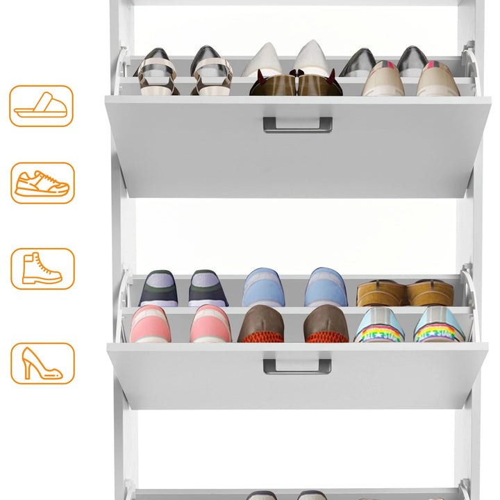 [Light Grey] Grey slim shoe cabinet with 3 flip drawers storing various shoes. Tall shoe organizer for entryways and narrow spaces.