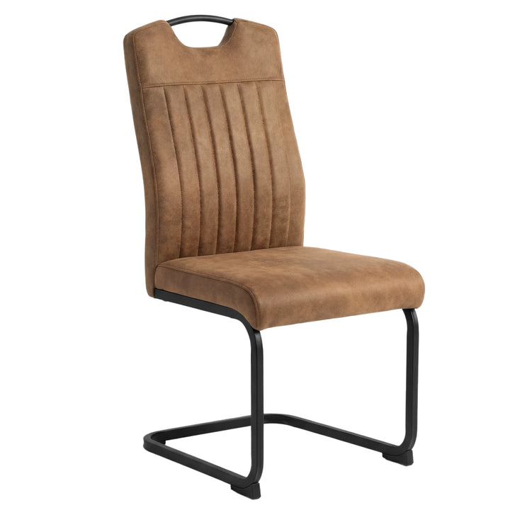 [Tan] Retroloop upholstered dining chair with tall channelled back, padded seat and black loop metal frame.