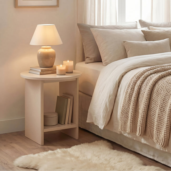 [Taupe] Small Round Side Table with Shelf Living Room used as bedside table beside neutral linen bed with ceramic lamp and candles on top and books on lower shelf