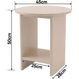 [Taupe] Small Round Side Table with Shelf Living Room dimensions diagram showing 45cm diameter top, 50cm height, 28cm depth and lower storage shelf clearance