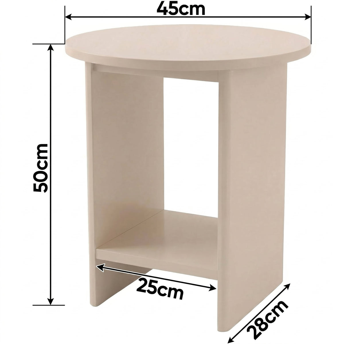 [Taupe] Small Round Side Table with Shelf Living Room dimensions diagram showing 45cm diameter top, 50cm height, 28cm depth and lower storage shelf clearance