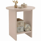 [Taupe] Small Round Side Table with Shelf Living Room product shot on white background with dried botanical vase on top and fabric storage boxes on lower shelf